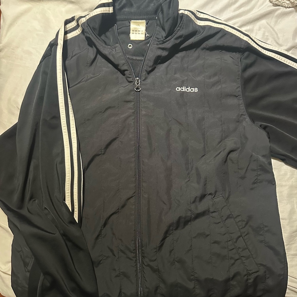 Vintage Adidas Men's Black Windbreaker with White Stripes